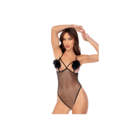 Body string en résille noire avec pompons en plumes sur la poitrine - Mapalé